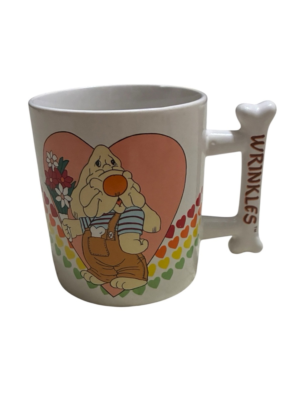 Wrinkles Vintage Puppy Love Dog Ceramic Mug Bone Handle Rainbow Hearts